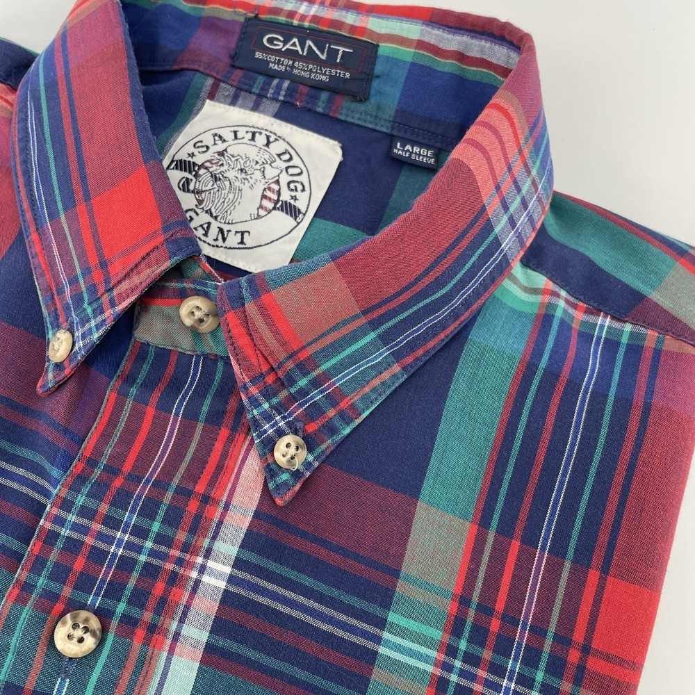 GANT Salty Dog Shirt Men L Plaid Short Sleeve Button‎ Up Red Green Blue Vintage